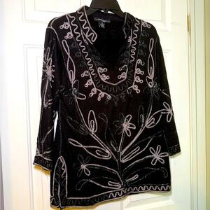 Once Again Woman’s Ribbon Embroidered Sparkle Tunic Size Medium Black Mandarin